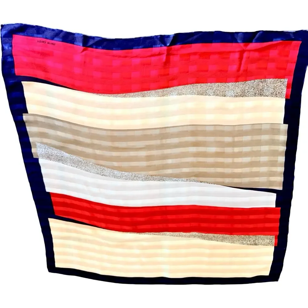 Vintage Pierre Cardin Silk Scarf 1980s Geometric Colorblock Navy Red 30x30